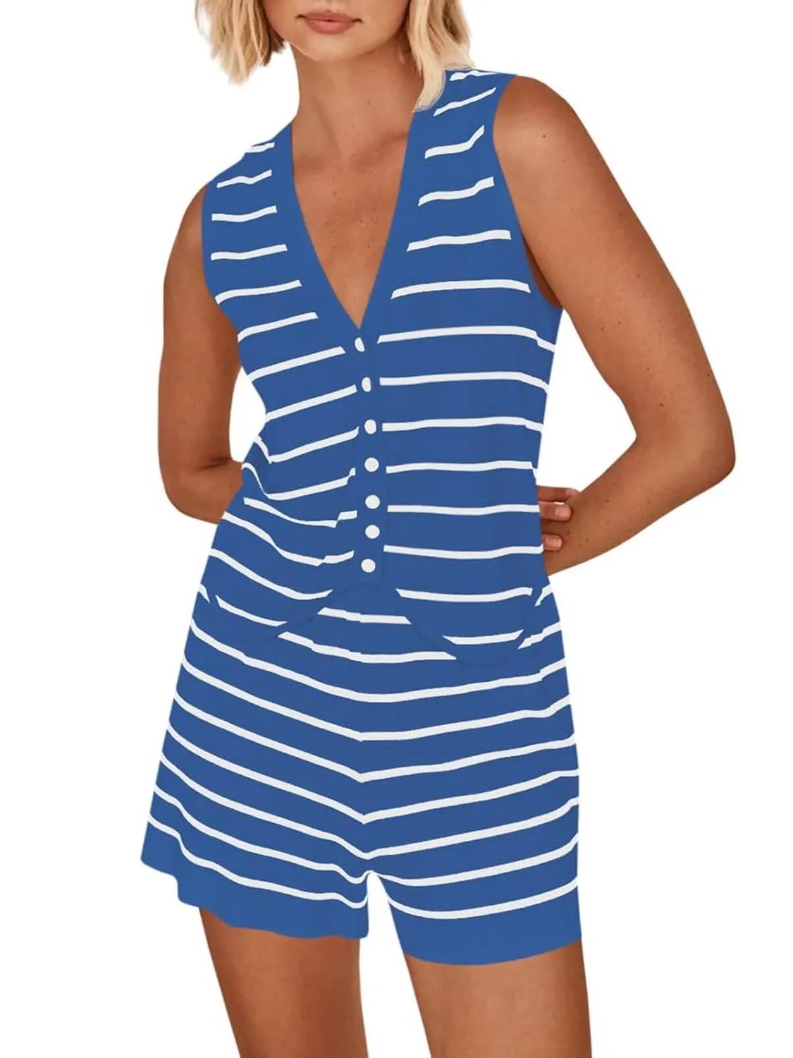 HOT SALE Women's Striped Knit Sleeveless V Neck Tops Short 2 Piece Sets