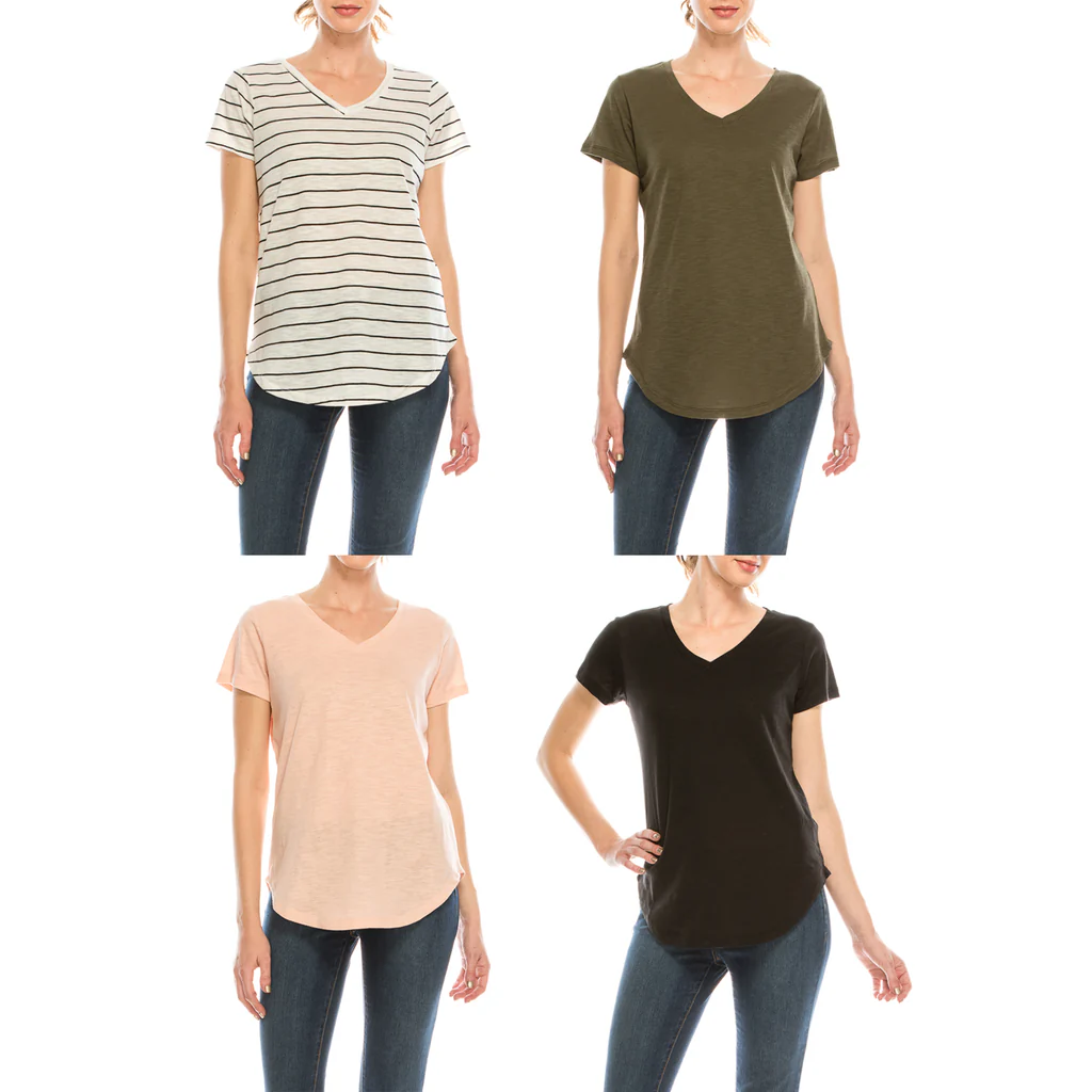 4 Pack Women's Loose V-Neck Curved Hem Tee Top