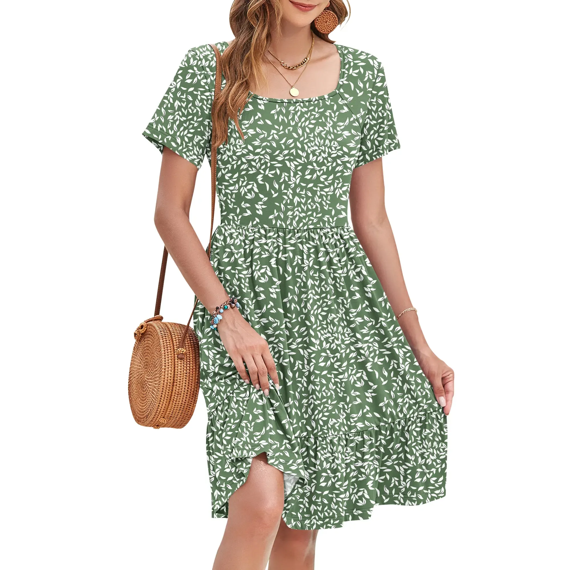 ✨Women's Square Neck Floral Print Short Sleeve Ruffle Empire Waist Sundress with Pockets