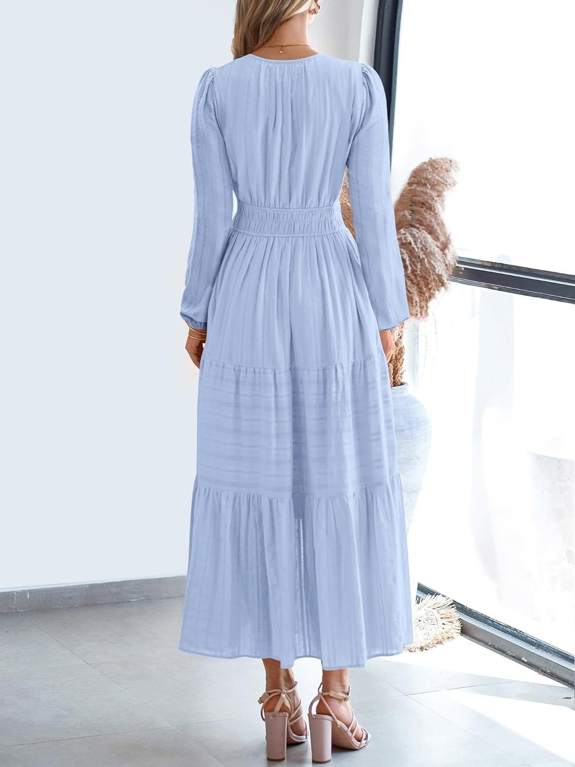 Women's Casual Long Sleeve V Neck Elastic Waist Lightweight Maxi Dress