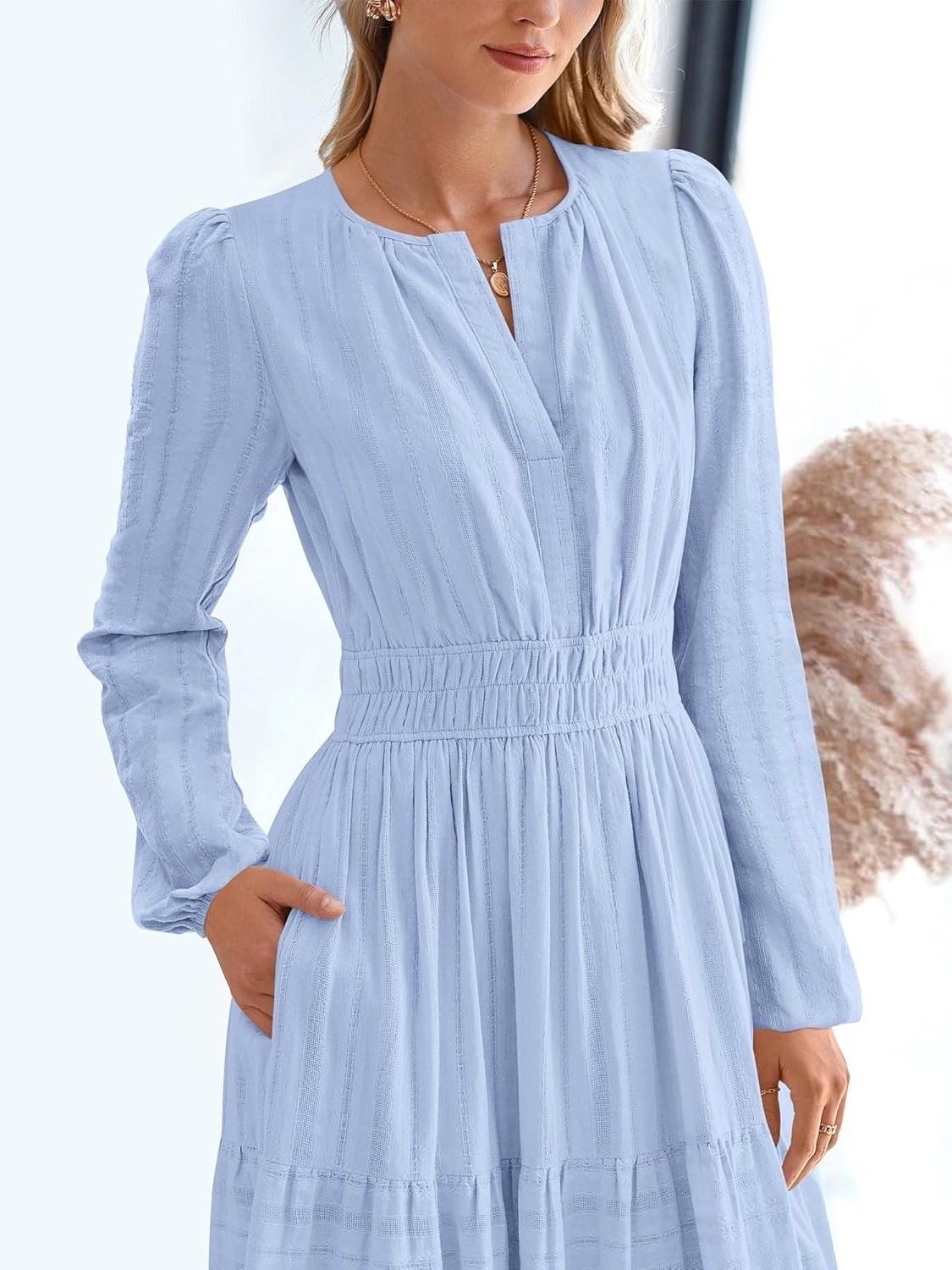 Women's Casual Long Sleeve V Neck Elastic Waist Lightweight Maxi Dress