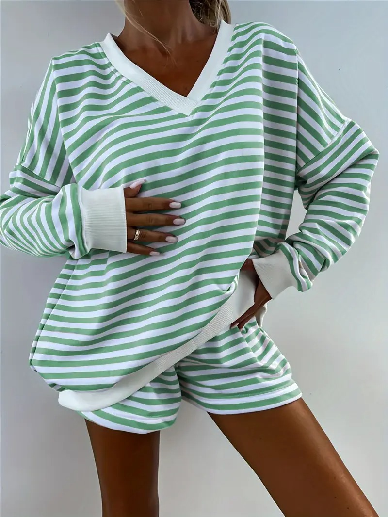 Women's Striped Print Long Sleeve V Neck Sweatshirt and Shorts Set