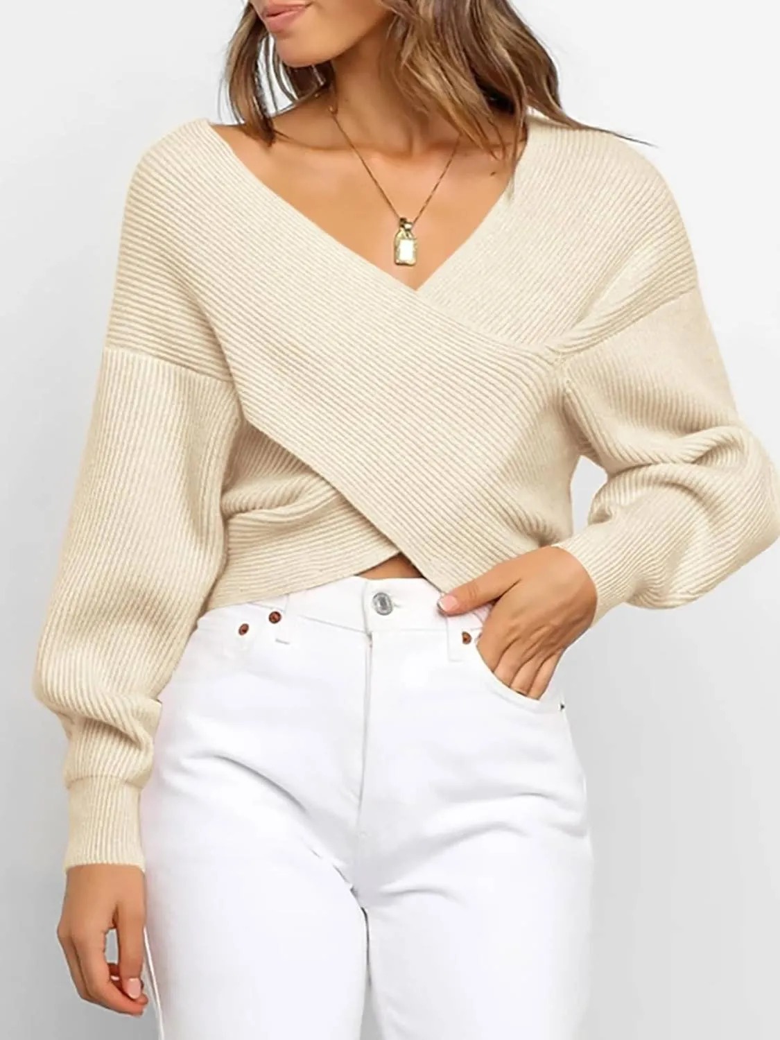 Women's Cross Wrap Front Solid Color V Neck Long Sleeve Sweater