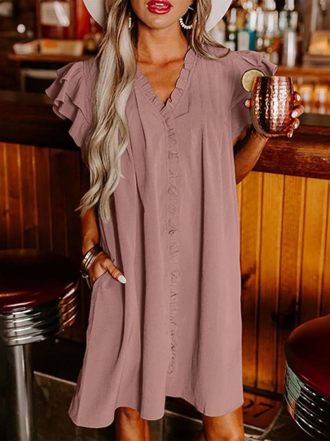 HOT SALE Women's Elegant Ruffle Short Sleeve Buttoned V Neck Pleated Dresses