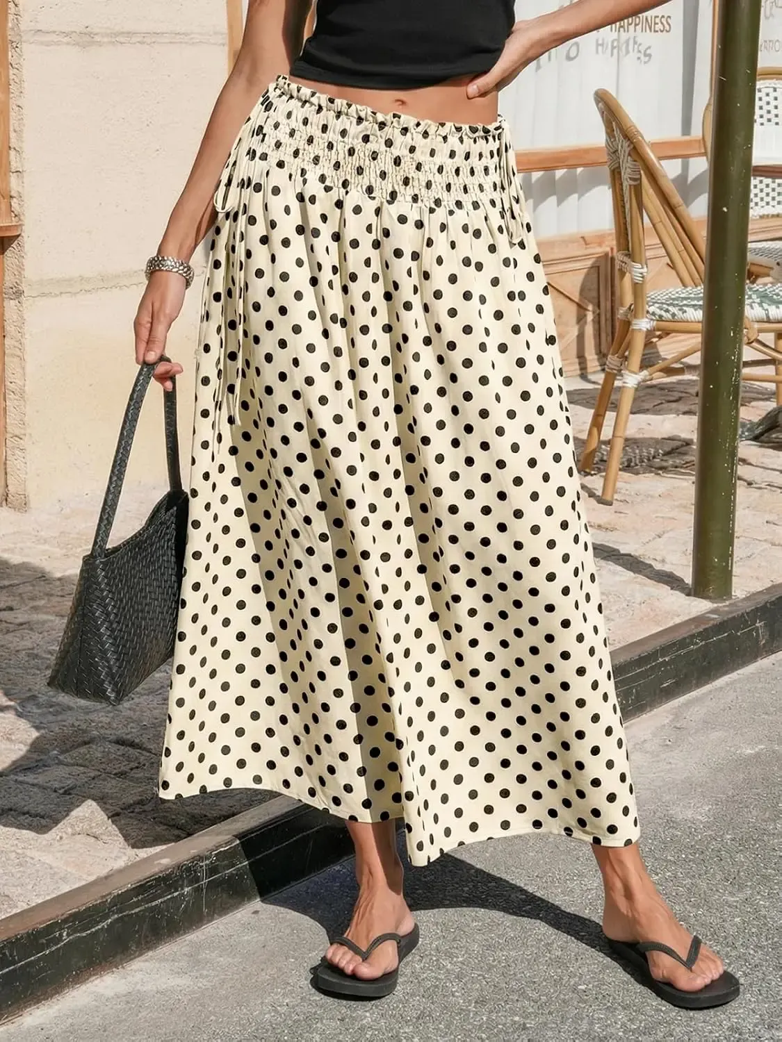 🌼Women‘s Polka Dot Maxi Skirts Boho Smocked High Waisted Tie Skirt Casual Beach Vacation Dress