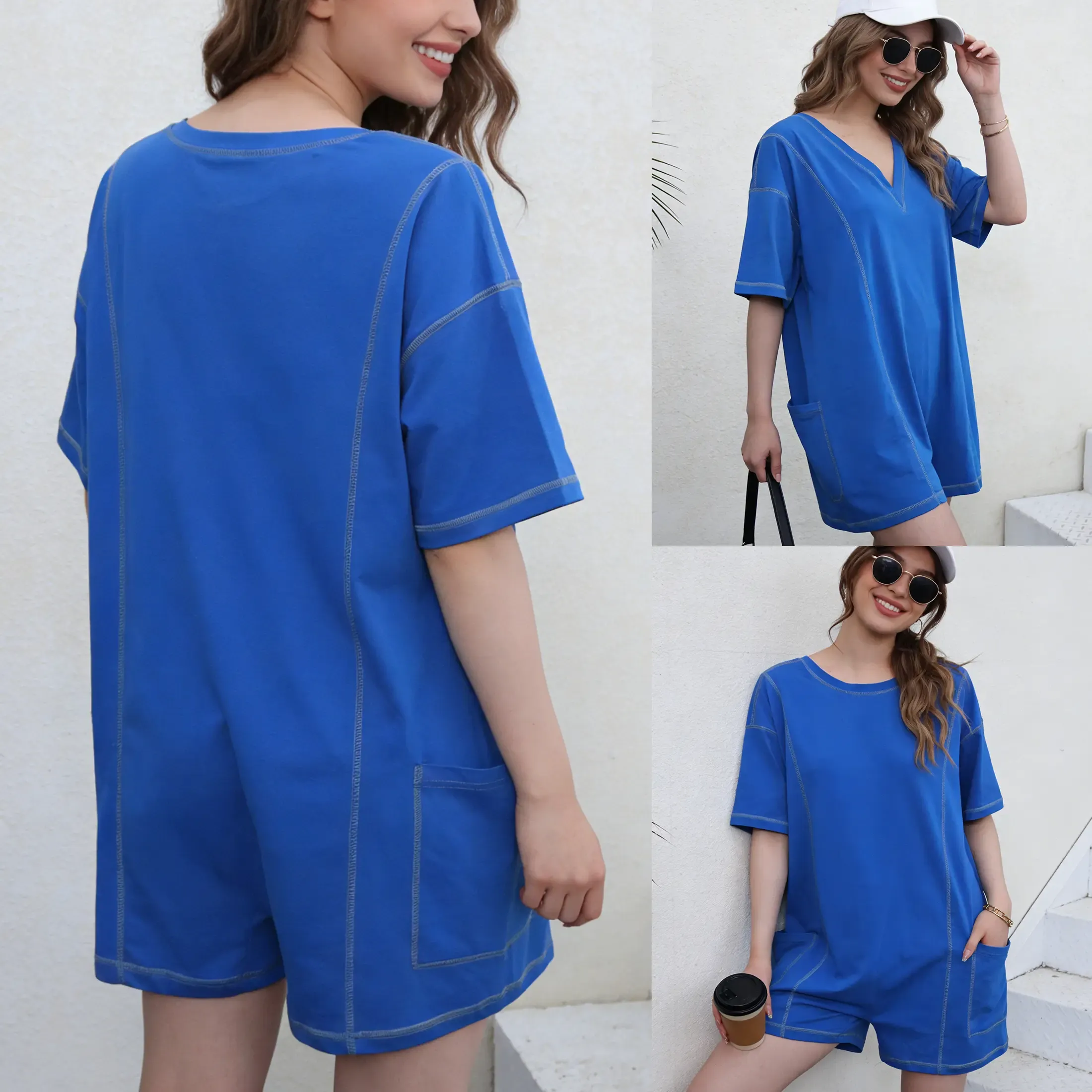 ✨Women’s Reversible Short Sleeve Romper with Contrast Stitching and Pockets 