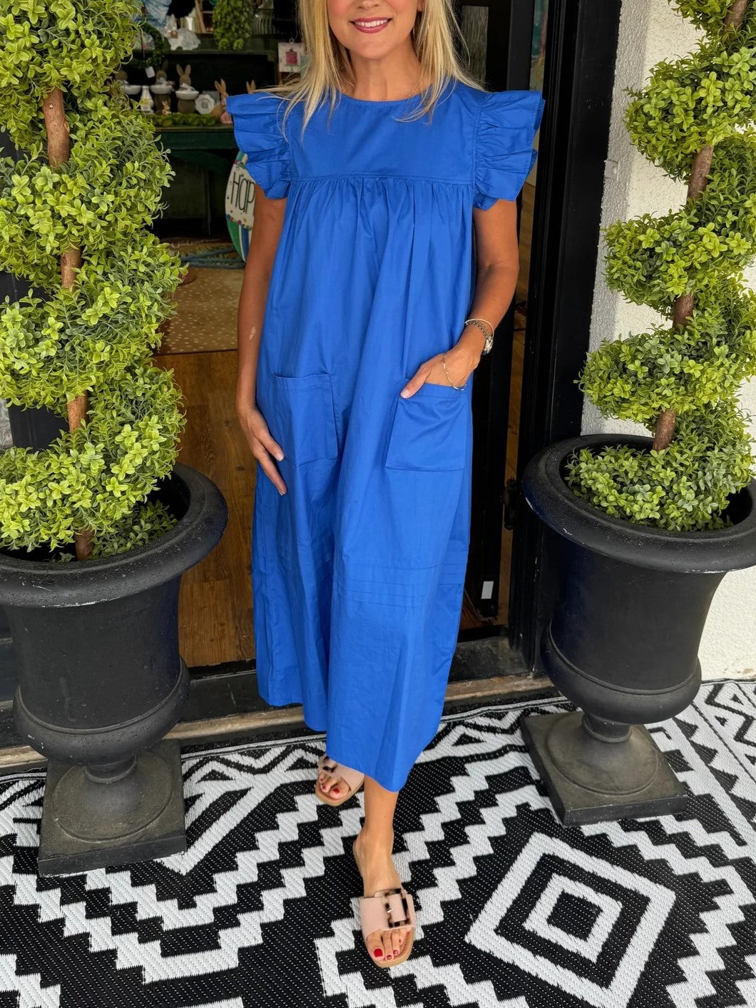 Women's Flutter Sleeve Pocket Midi Shift Dress