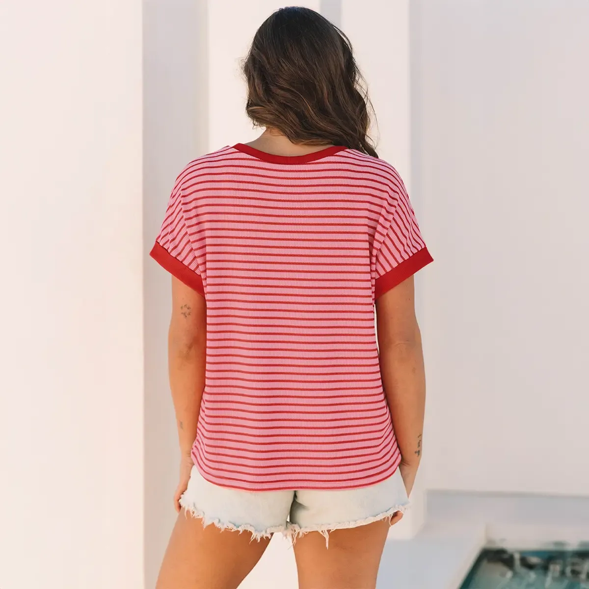 ✨Women's Striped Ribbed Knitted Drop Shoulder Round Neck T-Shirt