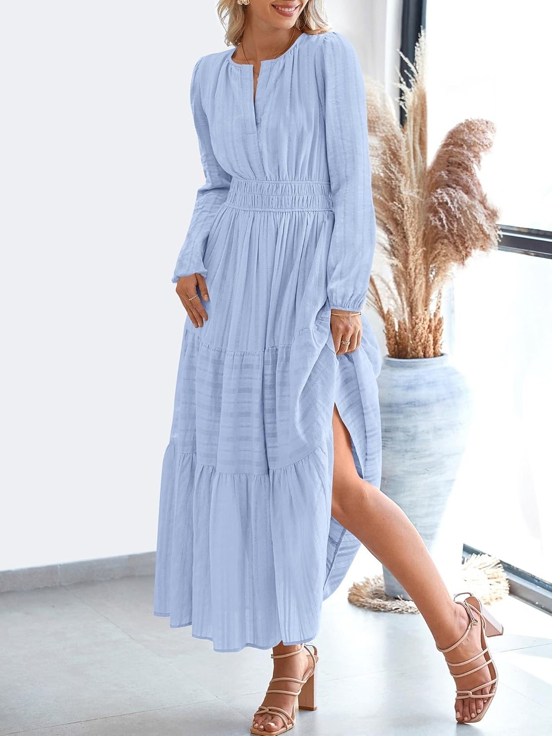 Women's Casual Long Sleeve V Neck Elastic Waist Lightweight Maxi Dress