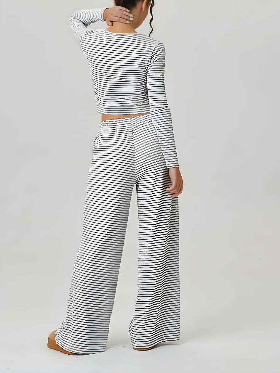 Women's Striped Square Neck Long Sleeve Top & Drawstring Pants Set
