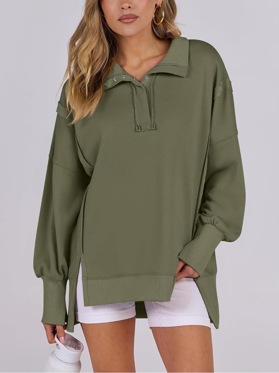 ⏰Hot Sale-Women's Oversized High Low Split Button Up Henley Pullover Top