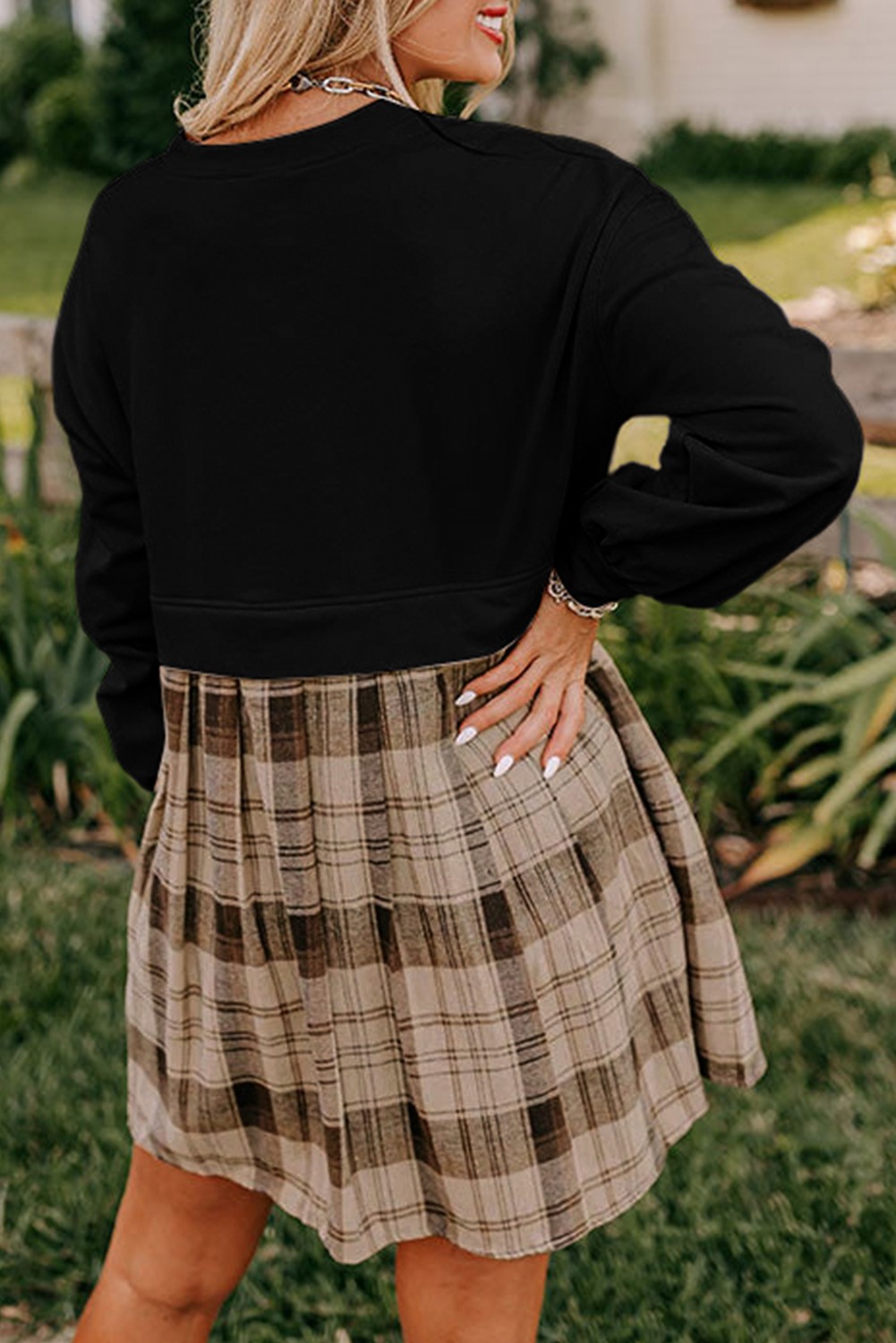 HOT SALE Women's Autumn Long Sleeve Round Neck Plaid Print Patchwork Dress