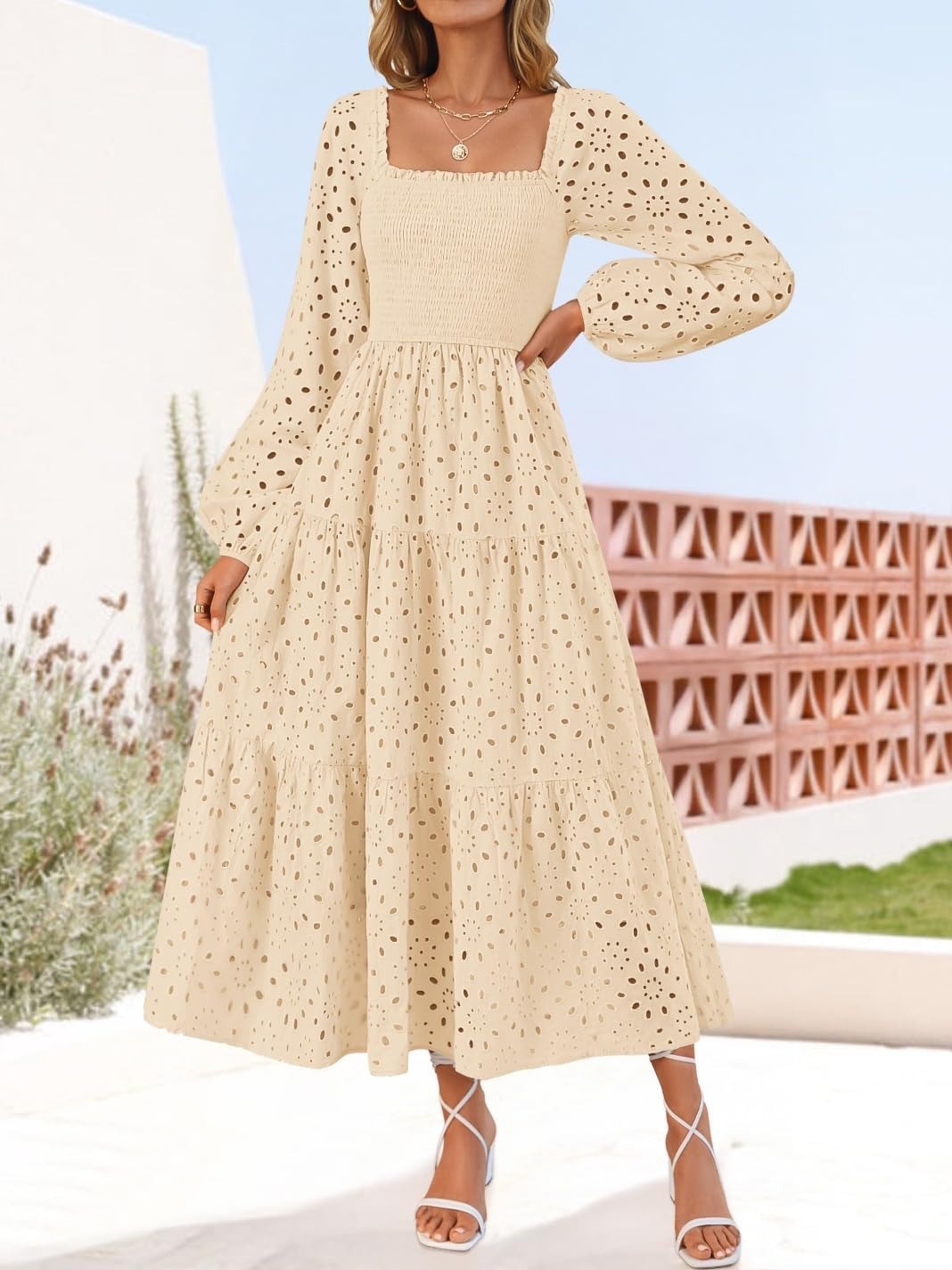 Women's Square Neck Hollow Out Eyelet Smocked A Line Long Sleeve Dress