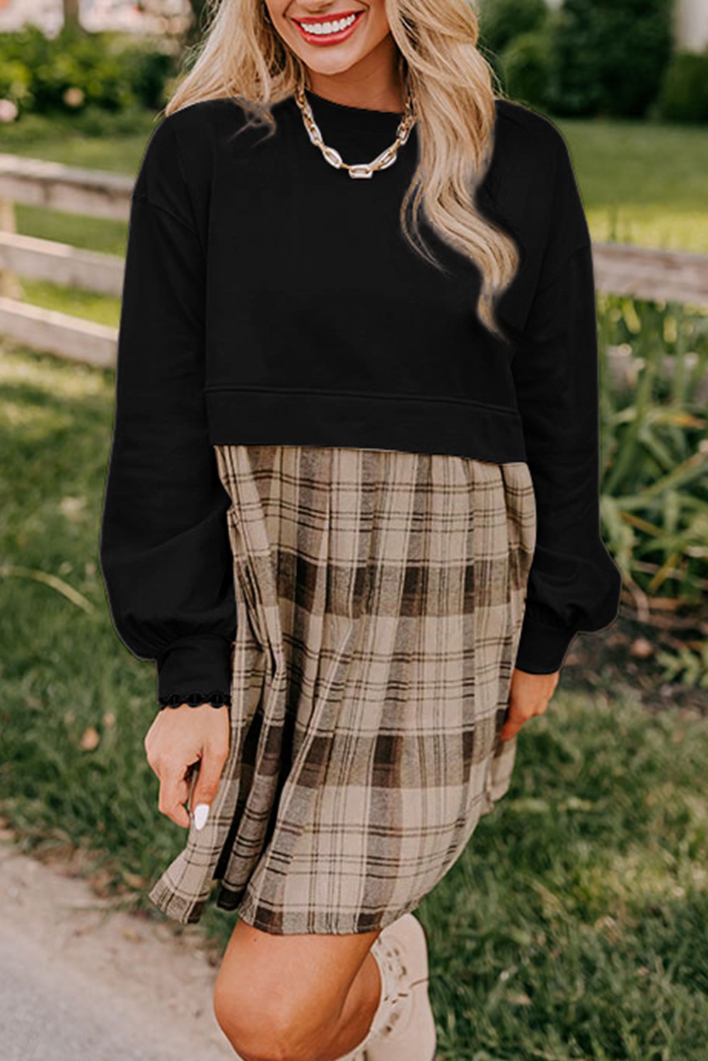 HOT SALE Women's Autumn Long Sleeve Round Neck Plaid Print Patchwork Dress