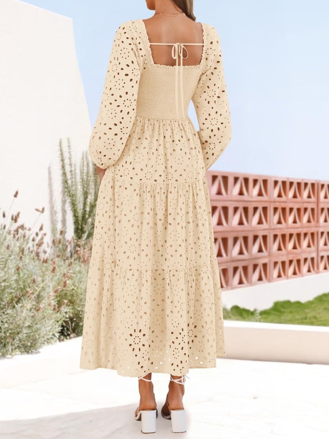 Women's Square Neck Hollow Out Eyelet Smocked A Line Long Sleeve Dress
