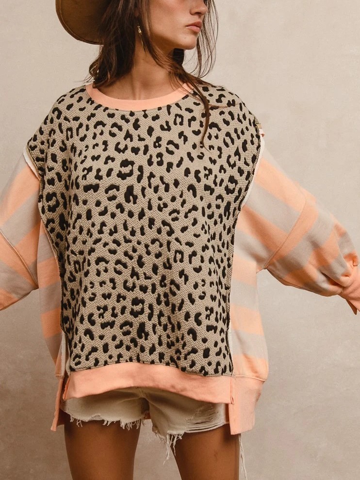 Women's Casual Leopard Striped Colorblock Sweatshirt
