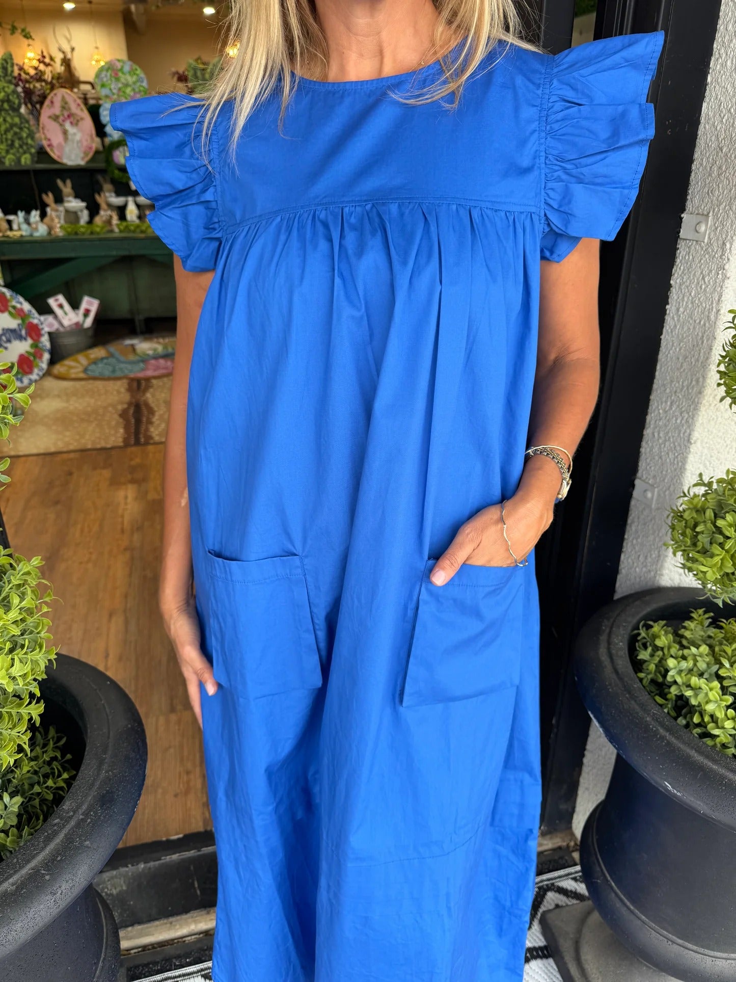 Women's Flutter Sleeve Pocket Midi Shift Dress