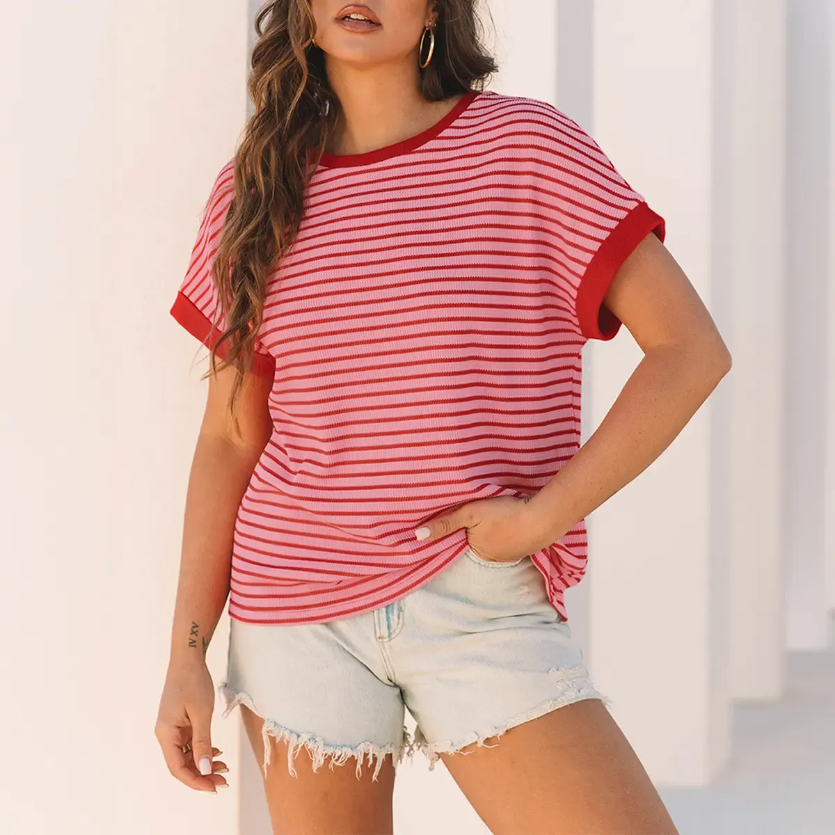 ✨Women's Striped Ribbed Knitted Drop Shoulder Round Neck T-Shirt