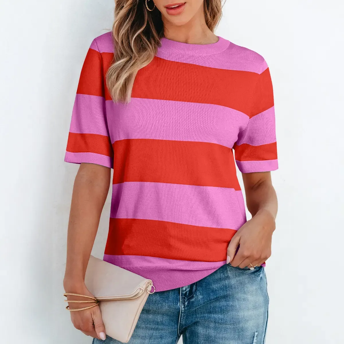 🔥Women's Colorblock Striped Ribbed Knitted Round Neck T Shirt