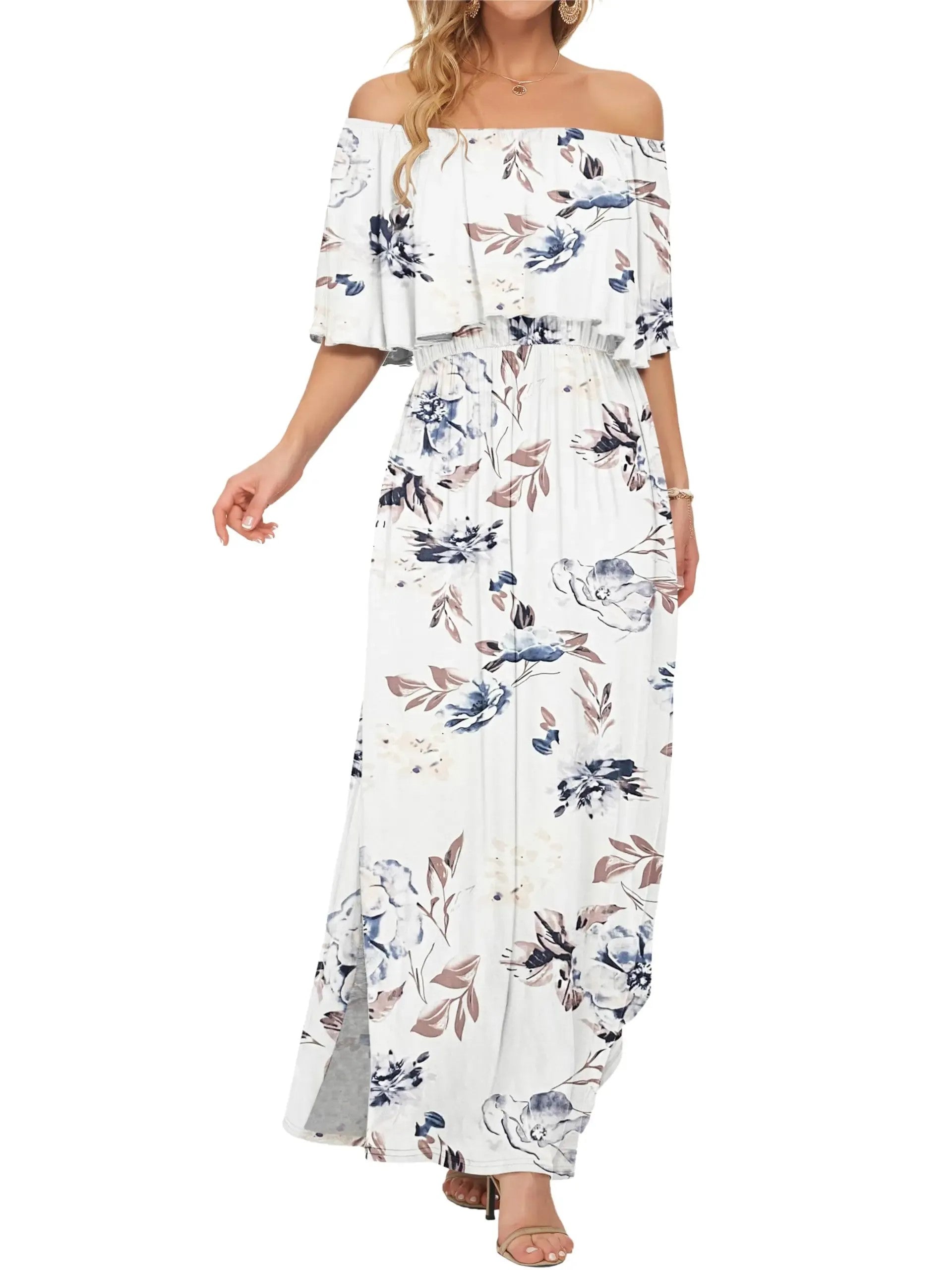 Women's Off-Shoulder Ruffled Side-Slit Maxi Dress with Pockets