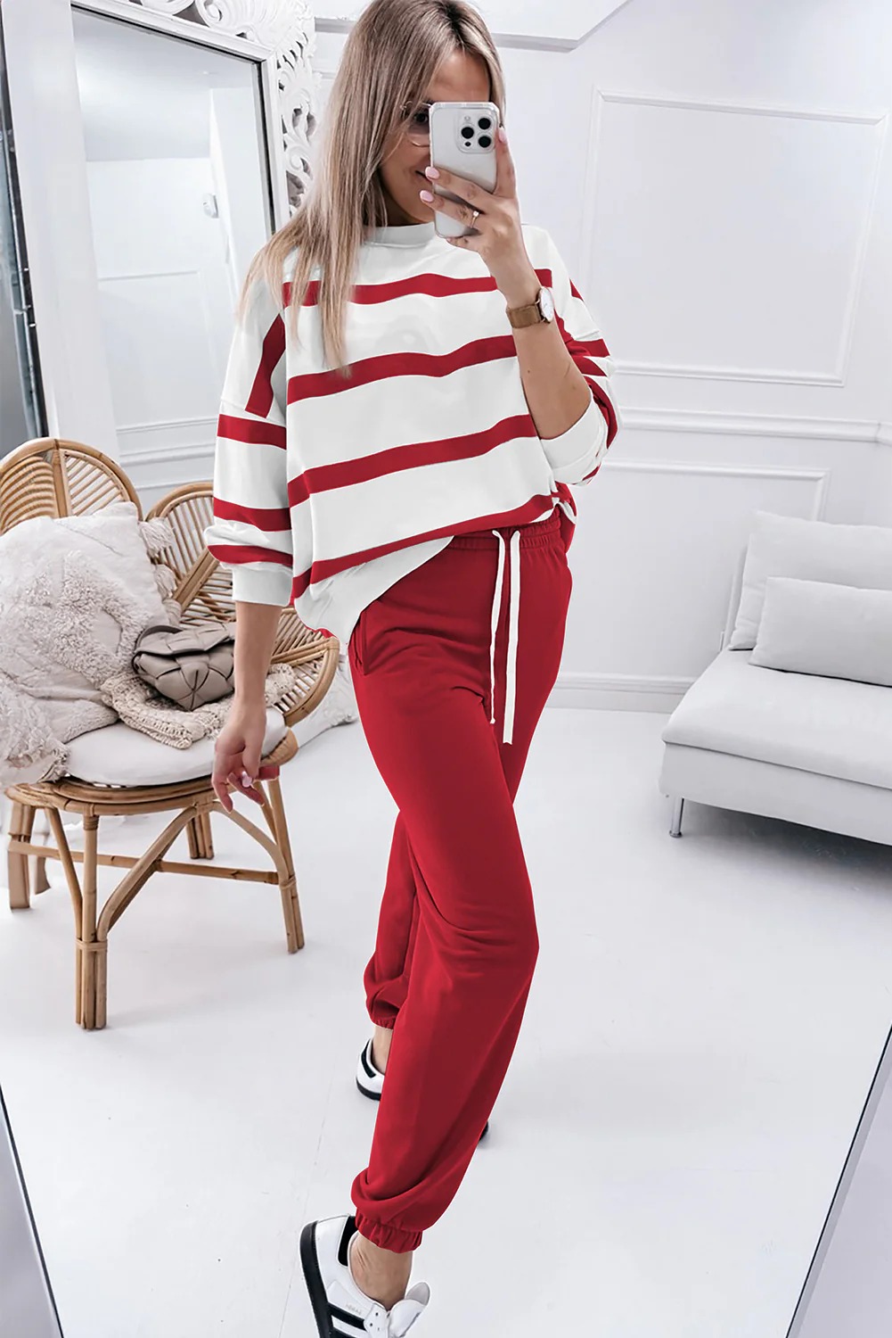 Women's Striped Drop Shoulder Pullover Tops & Jogger Pants Sets