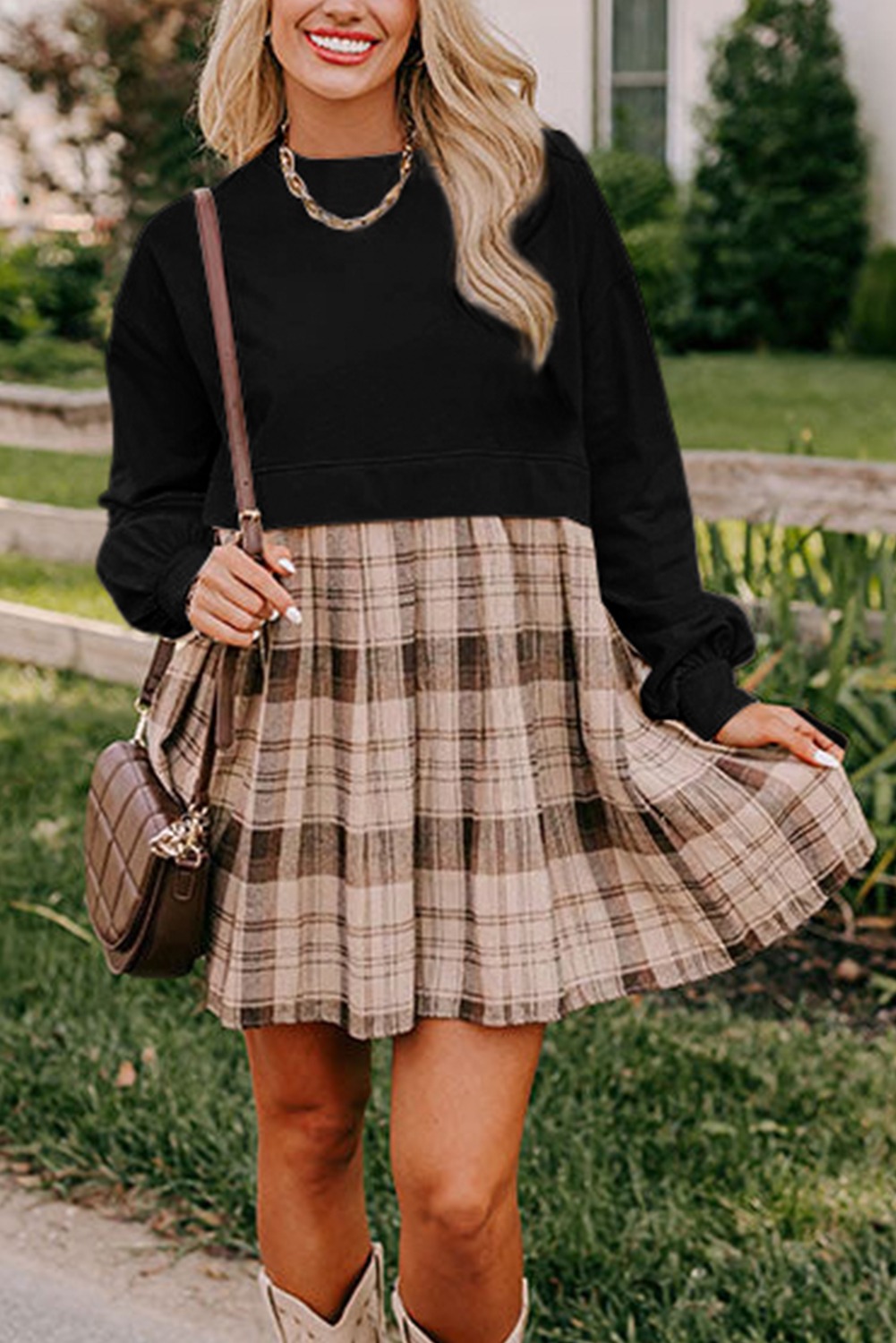 HOT SALE Women's Autumn Long Sleeve Round Neck Plaid Print Patchwork Dress
