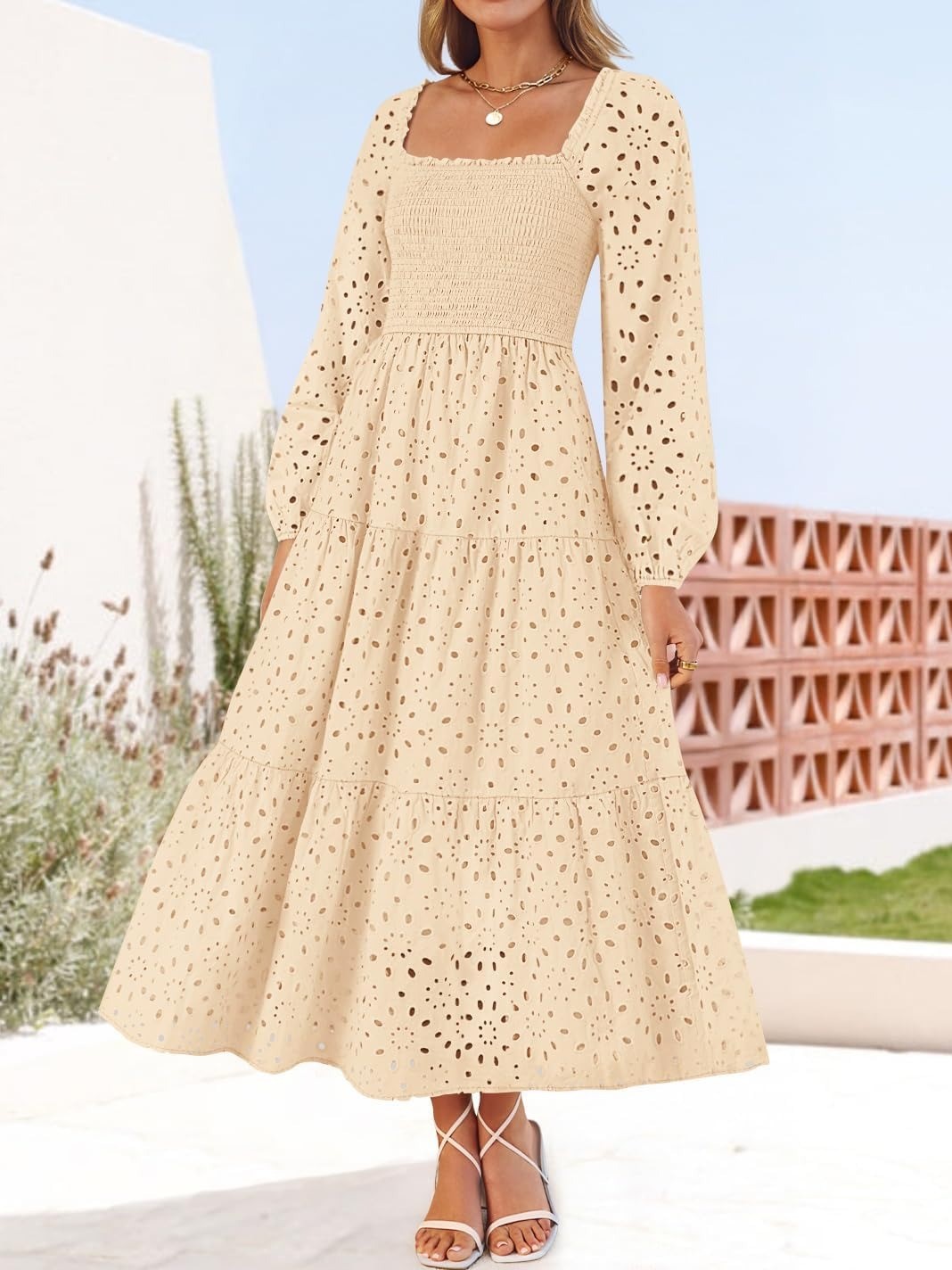 Women's Square Neck Hollow Out Eyelet Smocked A Line Long Sleeve Dress