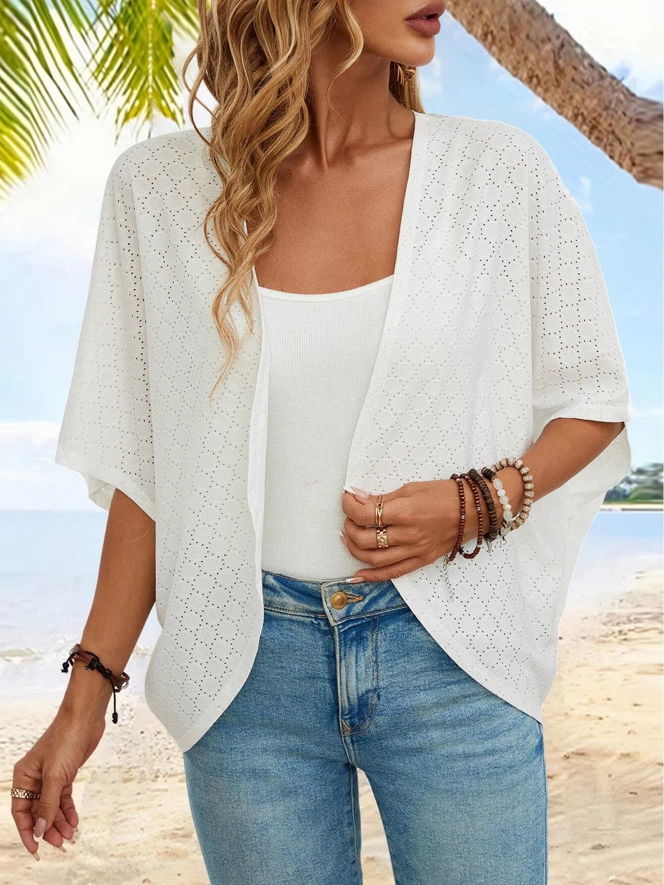 Women's Casual Lightweight Half Sleeve Hollow Cardigan