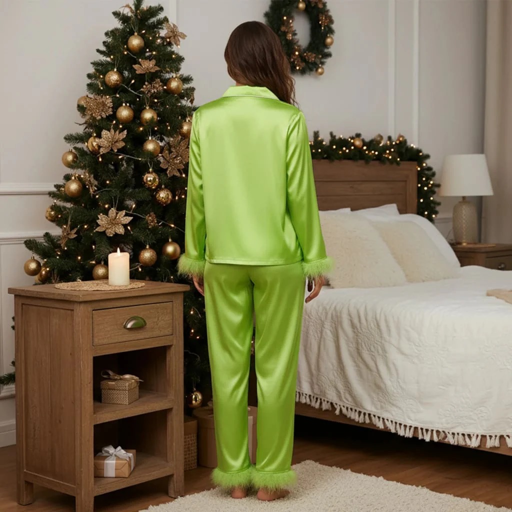 🎄Christmas Sale-Satin Green Holiday Pajama Set