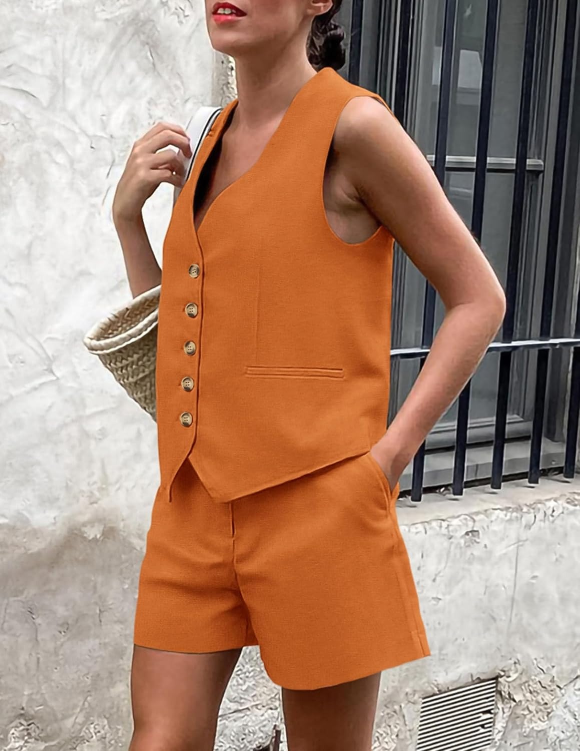 Women's Sleeveless Matching Sets Button Down V Neck Vest Waistcoat and Pockets Shorts