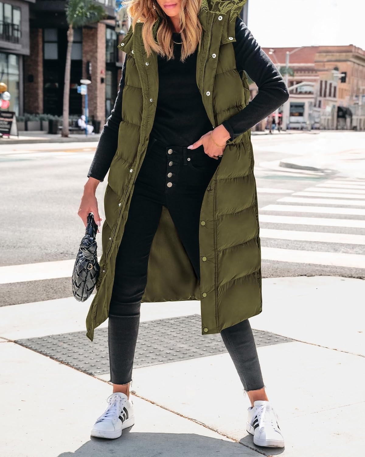 Women's Hooded Button Zipper Long Puffer Vest Jacket Coat