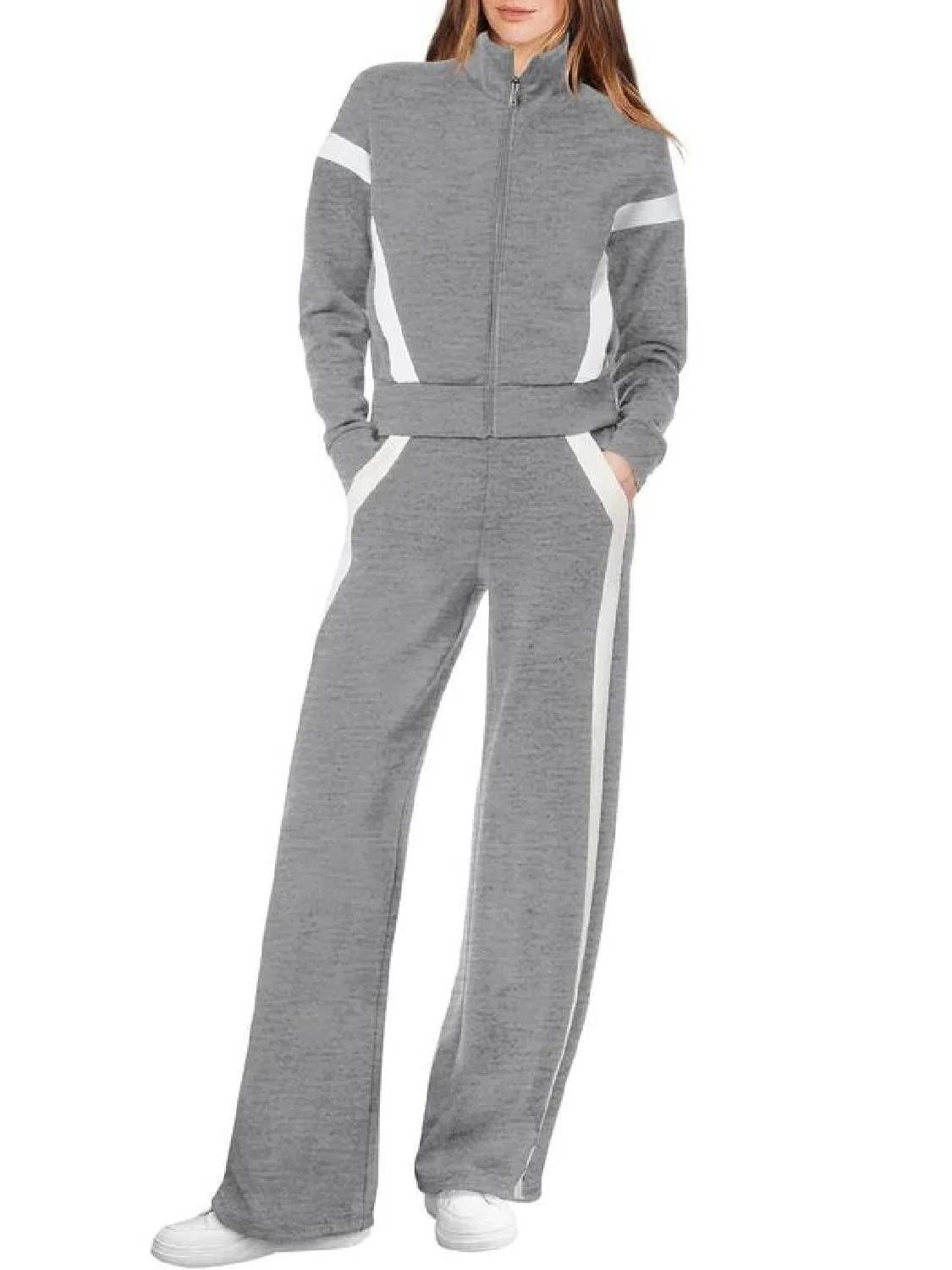 Women's Zip Up Sweatshirt and Wide Leg Sweatpant 2 Piece Sweatsuit (Buy 2 Free Shipping)