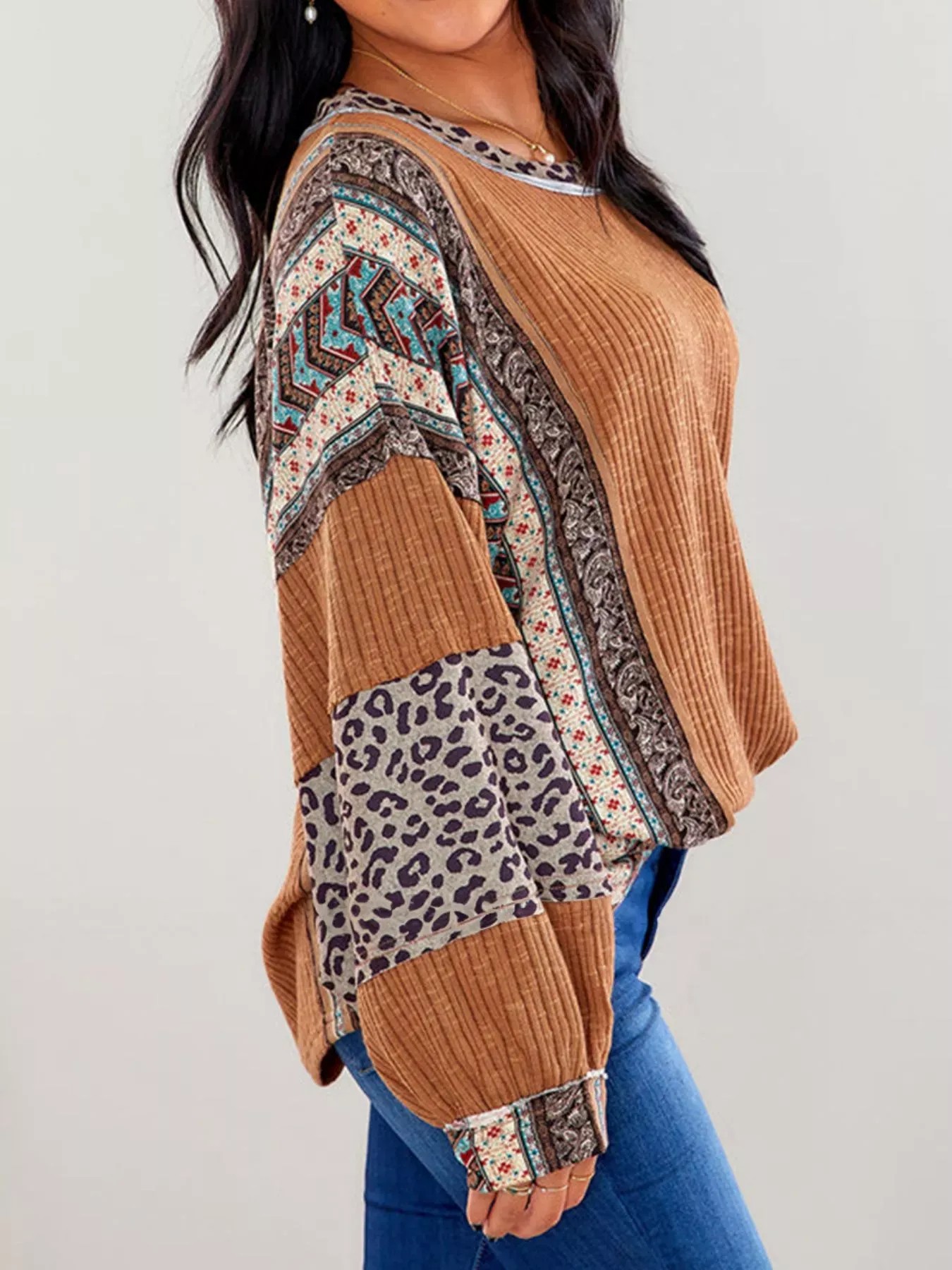 Women's Boho Leopard Patchwork Ribbed Long Sleeve Top