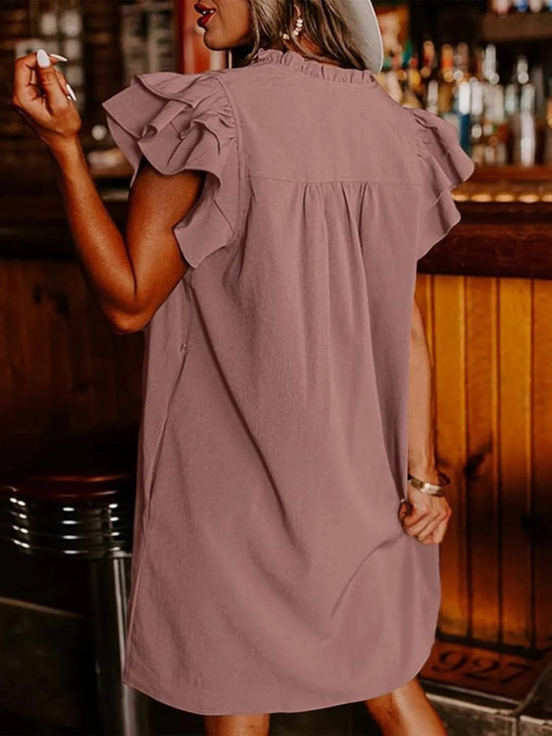 HOT SALE Women's Elegant Ruffle Short Sleeve Buttoned V Neck Pleated Dresses