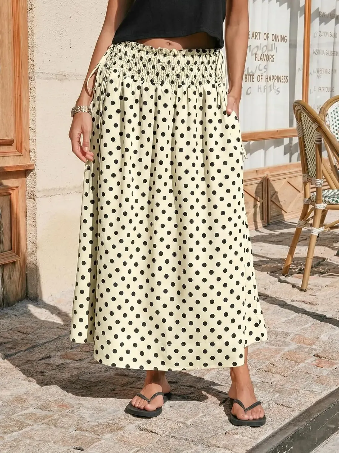 🌼Women‘s Polka Dot Maxi Skirts Boho Smocked High Waisted Tie Skirt Casual Beach Vacation Dress