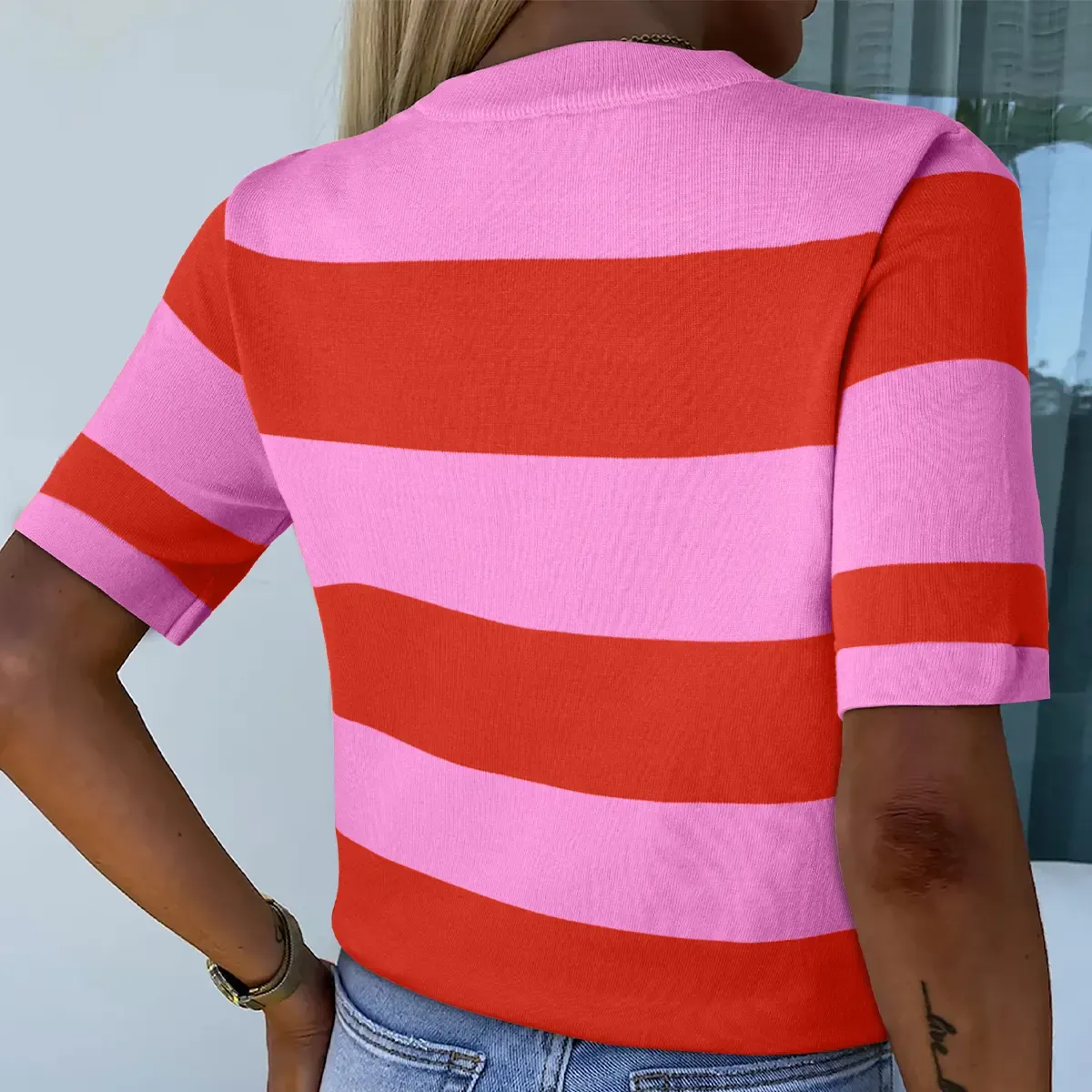 🔥Women's Colorblock Striped Ribbed Knitted Round Neck T Shirt