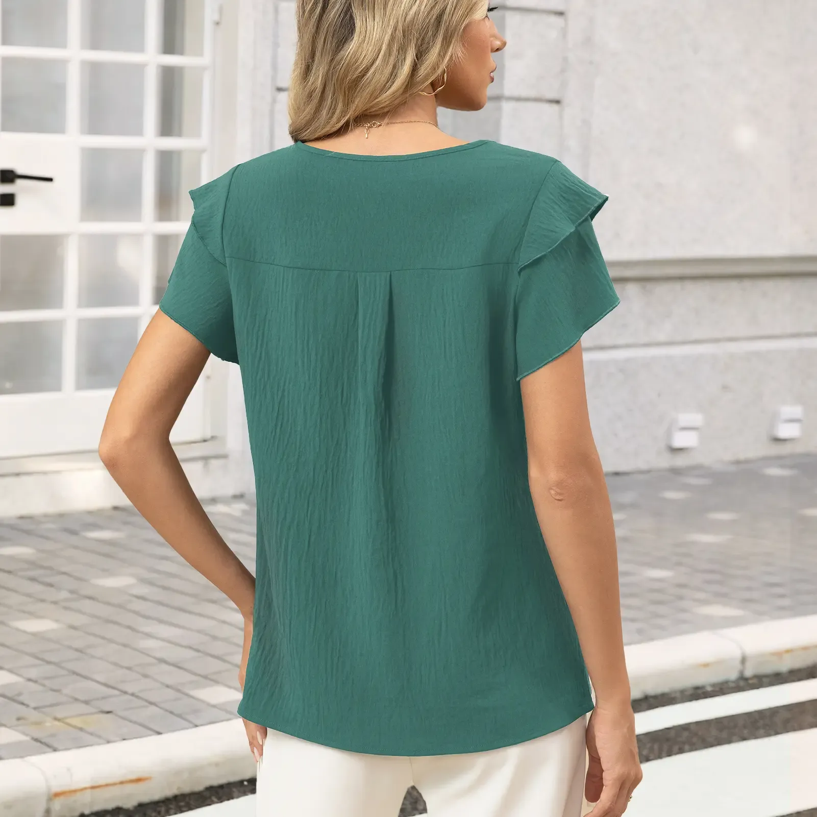 ✨Women's Summer Ruffle Short Sleeve Crew Neck Pleated Front Tops 
