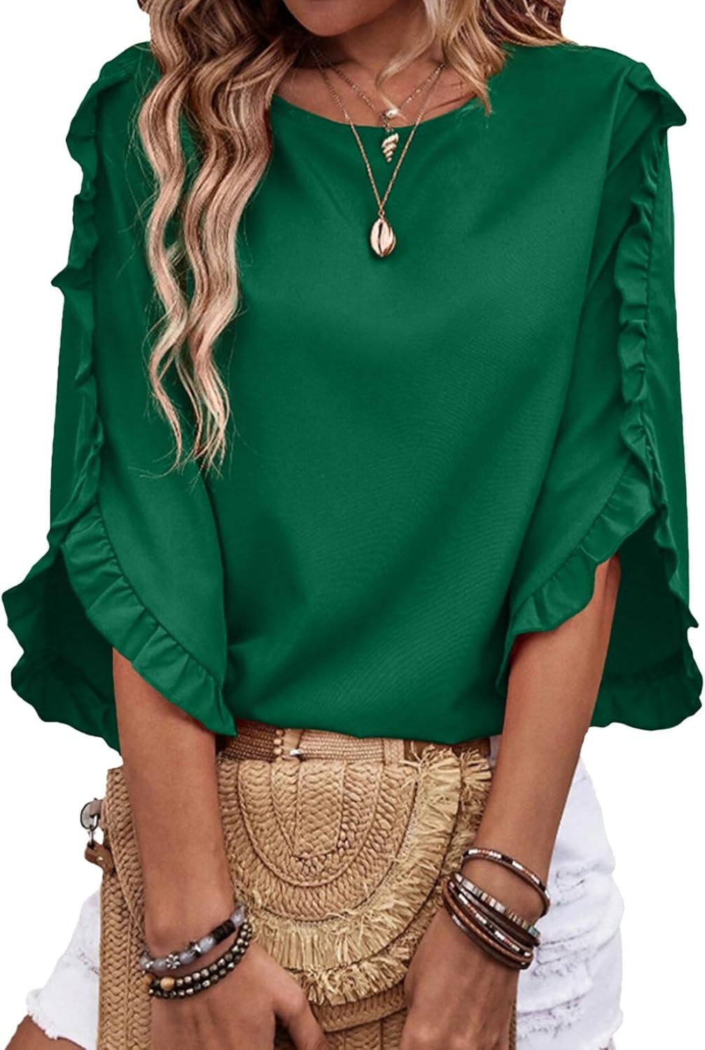 🔥Womens 3/4 Length Sleeve Blouses Crewneck Ruffle Sleeve Shirts 