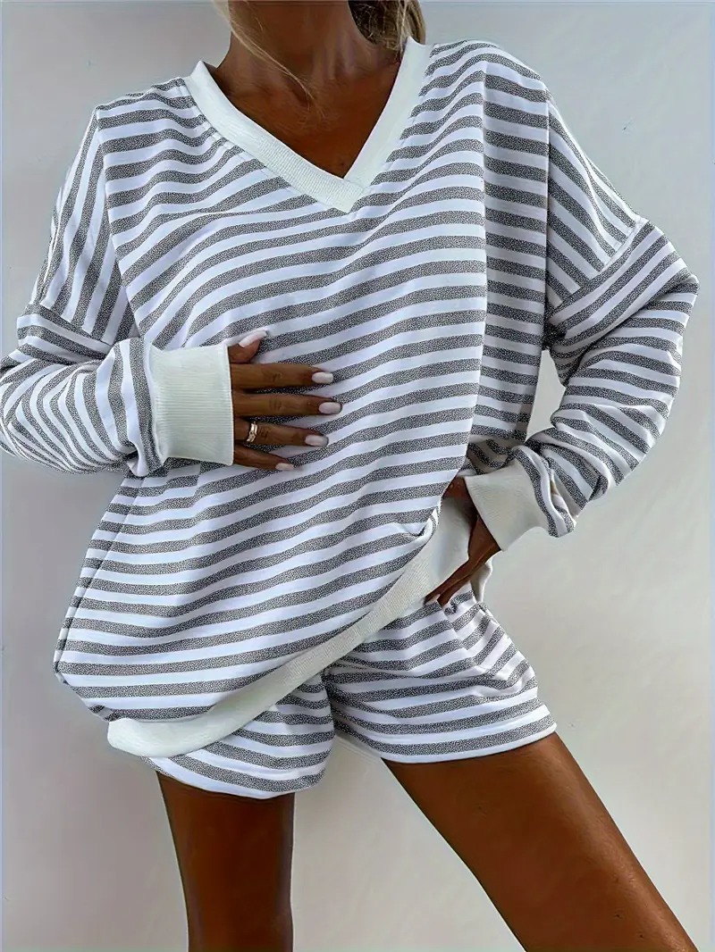 Women's Striped Print Long Sleeve V Neck Sweatshirt and Shorts Set