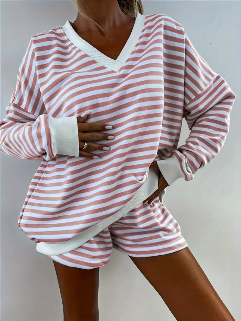 Women's Striped Print Long Sleeve V Neck Sweatshirt and Shorts Set
