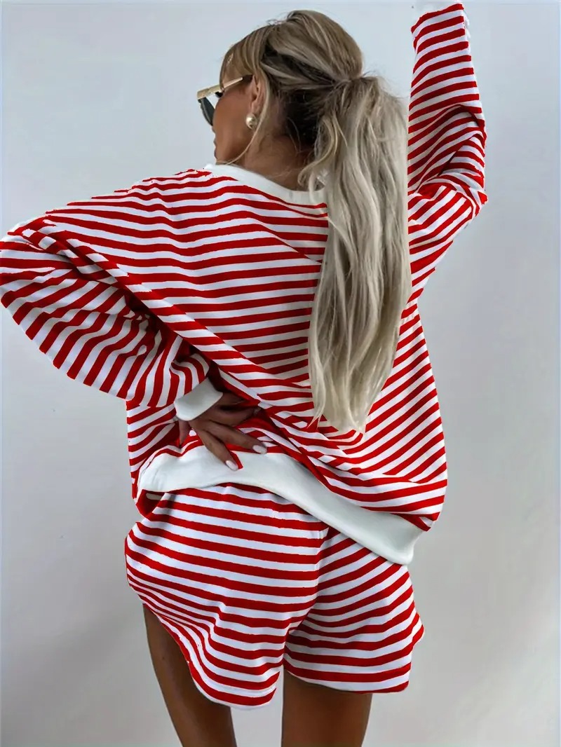 Women's Striped Print Long Sleeve V Neck Sweatshirt and Shorts Set