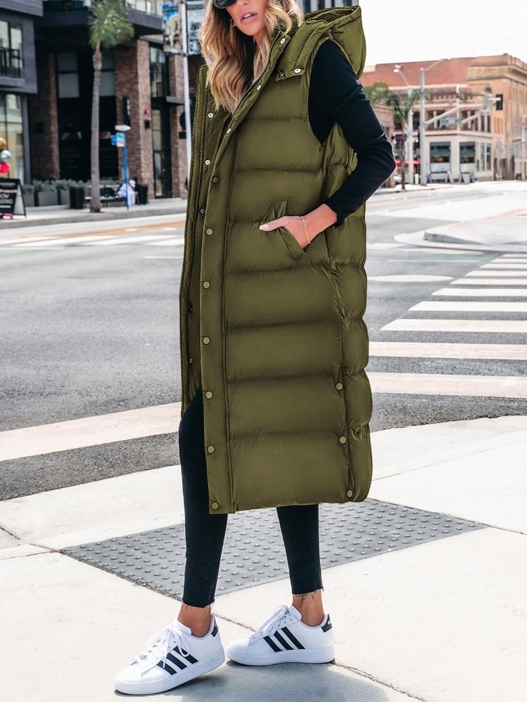 Women's Hooded Button Zipper Long Puffer Vest Jacket Coat