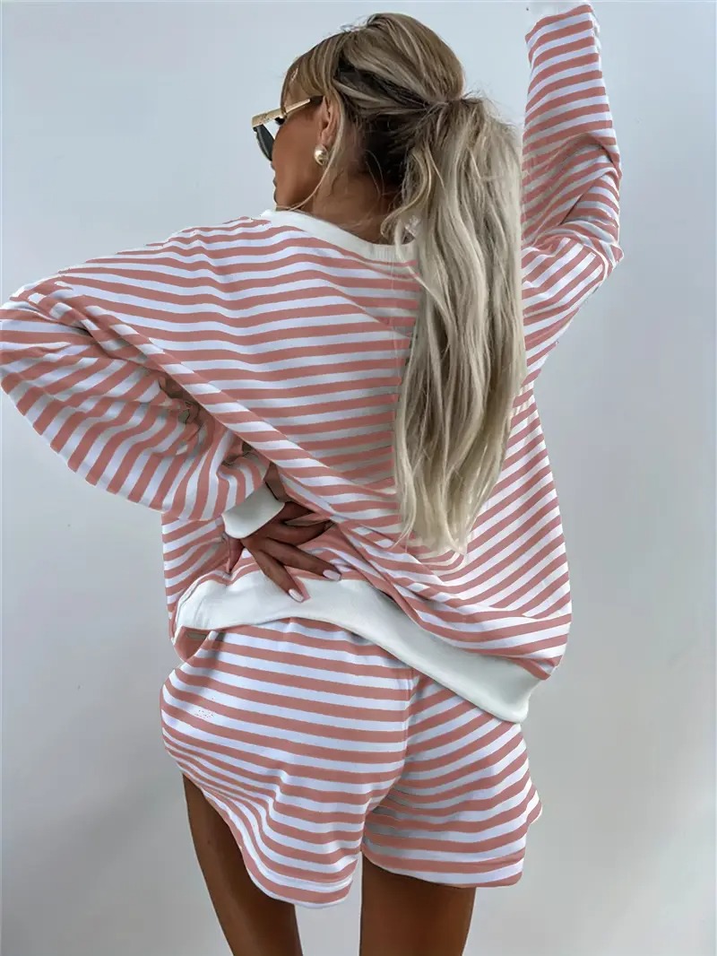 Women's Striped Print Long Sleeve V Neck Sweatshirt and Shorts Set