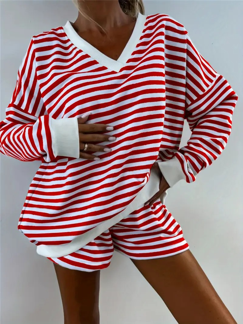 Women's Striped Print Long Sleeve V Neck Sweatshirt and Shorts Set