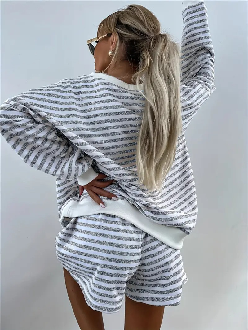 Women's Striped Print Long Sleeve V Neck Sweatshirt and Shorts Set