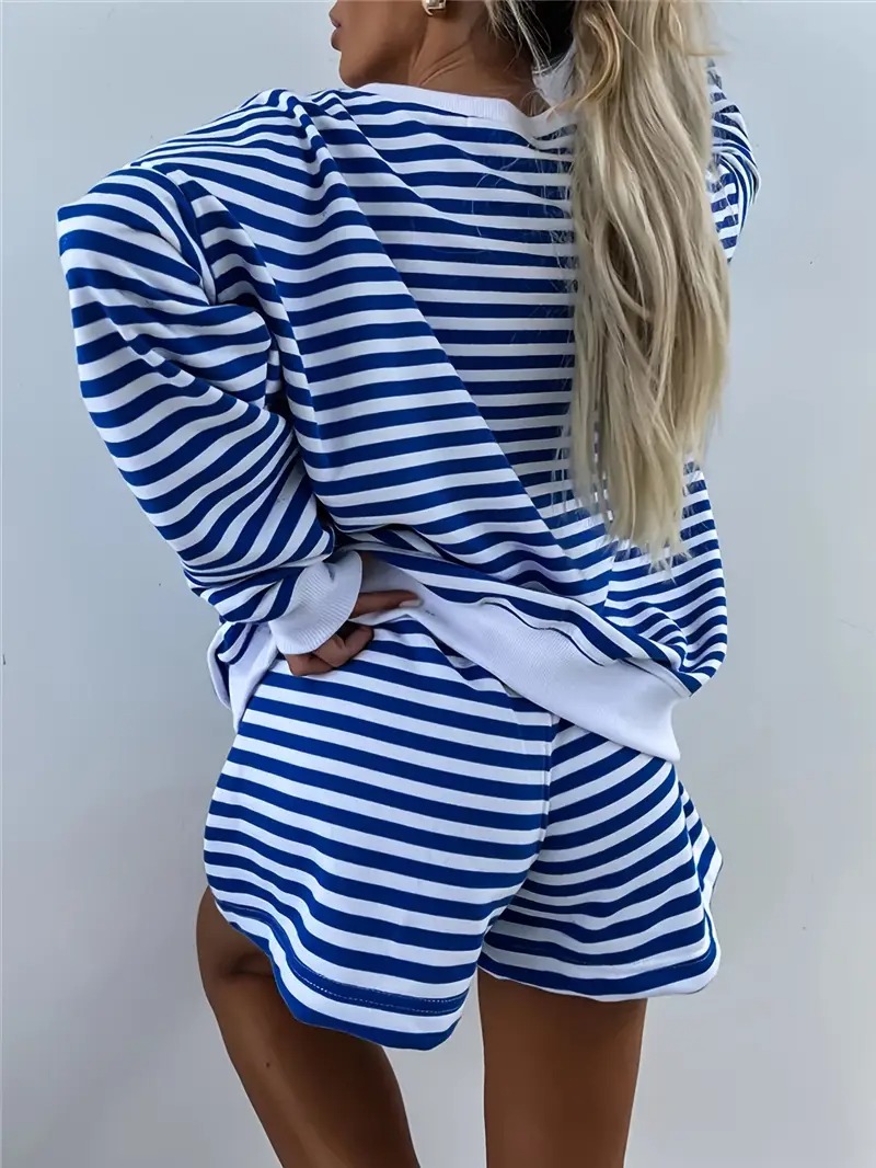 Women's Striped Print Long Sleeve V Neck Sweatshirt and Shorts Set