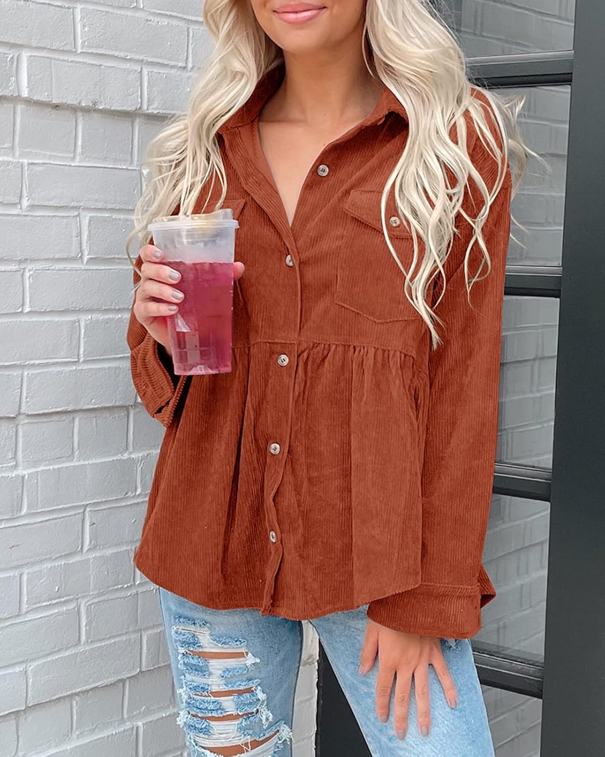 HOT SALE Women's Corduroy Shirt Button Down Tunic Loose Pocket Jacket
