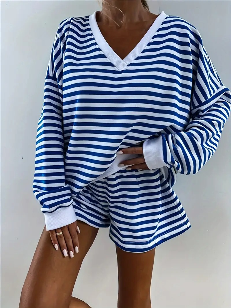 Women's Striped Print Long Sleeve V Neck Sweatshirt and Shorts Set