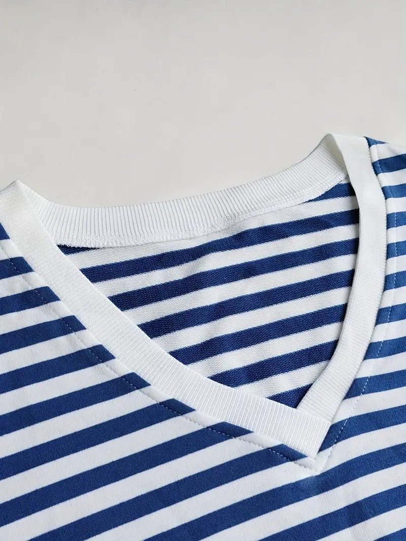 Women's Striped Print Long Sleeve V Neck Sweatshirt and Shorts Set