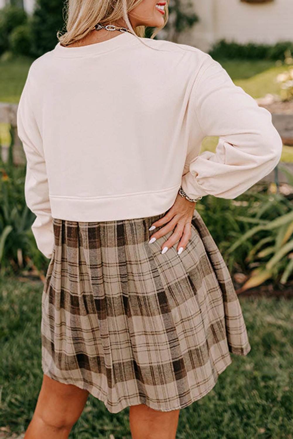 HOT SALE Women's Autumn Long Sleeve Round Neck Plaid Print Patchwork Dress